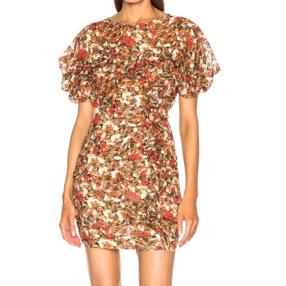 Isabel Marant Face Dress Mini Floral Viscose Silk Semi Sheer Ruched 36 US 4